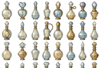 Obraz premium Collection of decorative glass bottles in various shapes and sizes displayed on a flat surface
