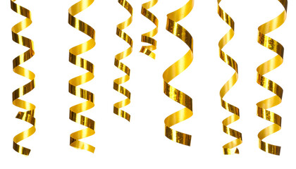 Several golden, glossy, ribbon-like spirals hanging against a stark, black background