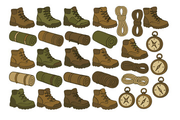 Various hiking equipment items for outdoor adventures and exploration activities