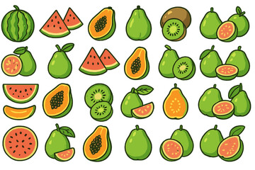Colorful collection of fruits including watermelon, kiwi, papaya, and pear in various arrangements on a white background
