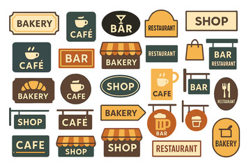 Different signs for cafes, bars, bakeries, and shops displayed in a variety of shapes and colors