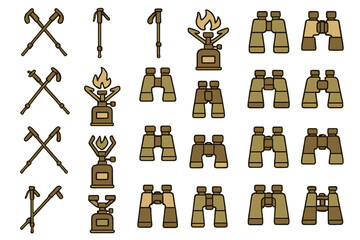 Collection of camping and outdoor equipment including tools, binoculars, and stoves arranged in a grid format