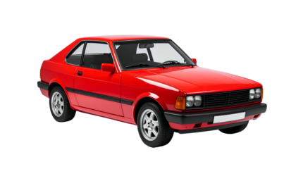 A classic, bright red coupe isolated on a transparent background, side view