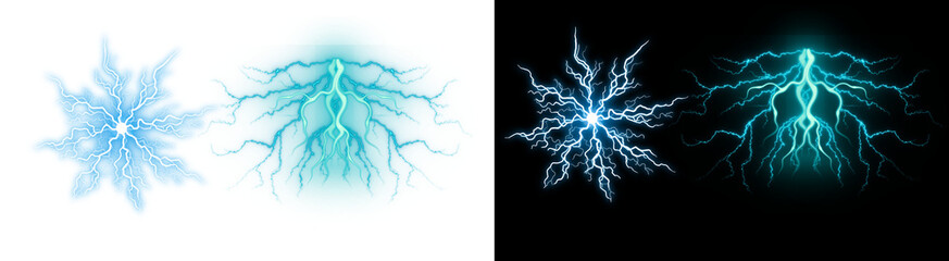 PNG image of Collection of four vibrant blue and cyan electrical discharge effects showcasing intense energy bursts and lightning strikes on transparent background