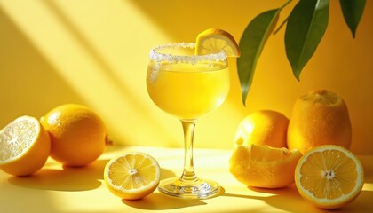 Refreshing yellow drink in glass with sugared rim, lemon slice garnish. Fresh whole, half lemons, citrus fruits lie on vibrant yellow surface. Green leaves accent bright scene. Sunny light creates