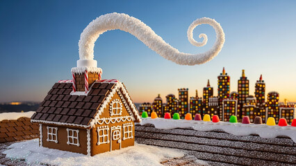 Whimsical gingerbread house with a swirling chimney plume of icing stands before a colorful edible cityscape under a bright sky evoking holiday spirit and sweet dreams