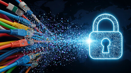 Digital Fortress: The image visualizes network security, depicting a glowing padlock protecting a digital network of interconnected data streams.