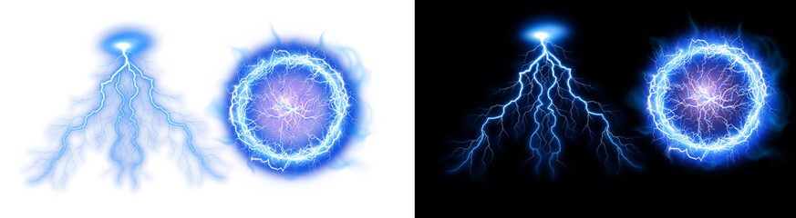 PNG image of&nbsp;Collection of vibrant blue electrical discharge effects featuring lightning bolts and glowing energy orbs against a on transparent background
