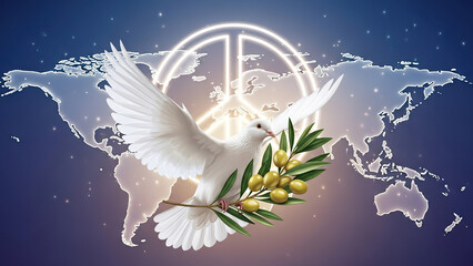 Symbol of peace with a white dove carrying an olive branch over a world map and a glowing peace sign