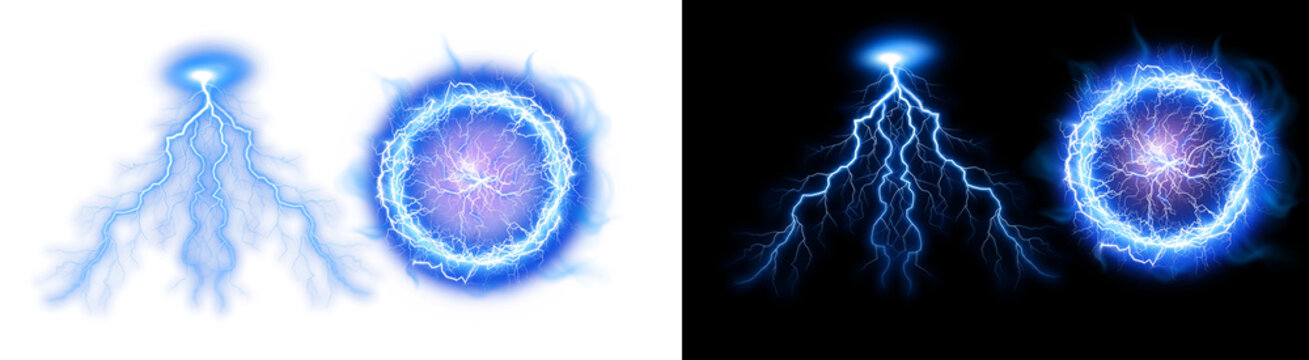 PNG image of&nbsp;Collection of vibrant blue electrical discharge effects featuring lightning bolts and glowing energy orbs against a on transparent background
