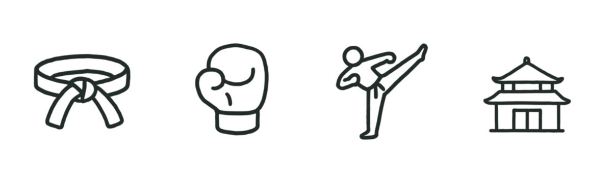 Set of four hand-drawn martial arts icons featuring a black belt, boxing glove, kicking fighter, and dojo, rendered in a simple black and white line art style