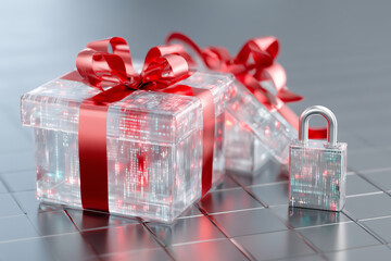 Transparent gift boxes adorned with red ribbons showcase a modern Christmas theme. The boxes feature digital patterns and are accompanied by a small padlock, representing security and innovation