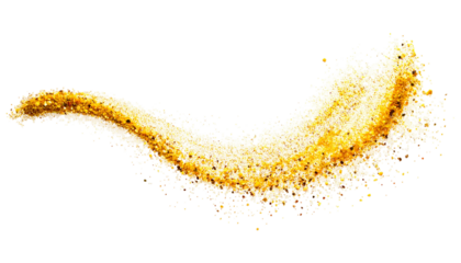 Golden swirling arc on black. Textured, granular, speckled, abstract shape resembling sand