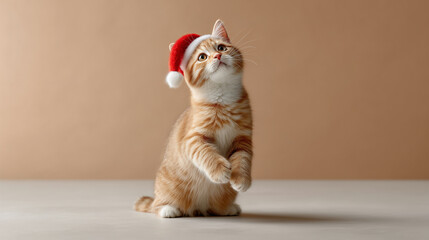 A cute tabby kitten dressed in a red Santa hat stands on its hind legs, showcasing its playful nature against a neutral background. Perfect for holiday-themed decor and promotions