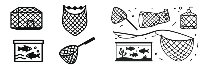Vector illustration of fishing nets and aquariums in various designs