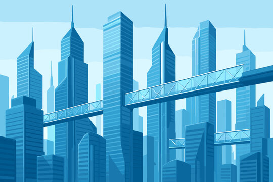 Modern city skyline with tall buildings and sky bridges connecting structures in a bright blue environment