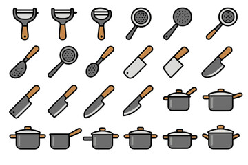 Collection of kitchen tools and utensils arranged for cooking preparation in a home setting