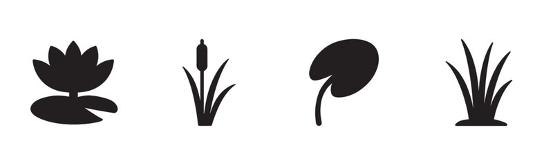 Four distinct black silhouette icons representing various aquatic plants, including a lotus flower, cattail, lily pad, and reeds, presented in a clean, minimalist graphic style