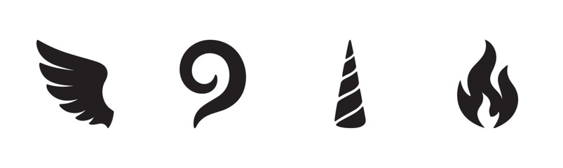 Obraz premium Four distinct black silhouette fantasy icons, including a wing, a curl, a unicorn horn, and a flame, are presented in a clean, graphic style