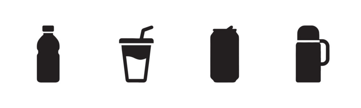 Four black silhouette icons represent various beverage containers: a plastic bottle, a disposable cup with a straw, an open soda can, and a thermos flask, all rendered in a clean, flat graphic style