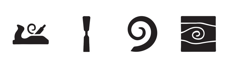 Four black woodworking tools and wood elements are depicted as simple, graphic silhouettes, showcasing craftsmanship and the art of shaping wood in a clean, iconic style