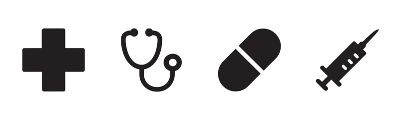 Obraz premium Four black medical healthcare icons, including a cross, stethoscope, pill, and syringe, are arranged horizontally, representing essential health services and treatment