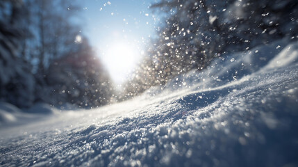 low-angle macro action shot of sparkling snow surface with bright sunburst and bokeh