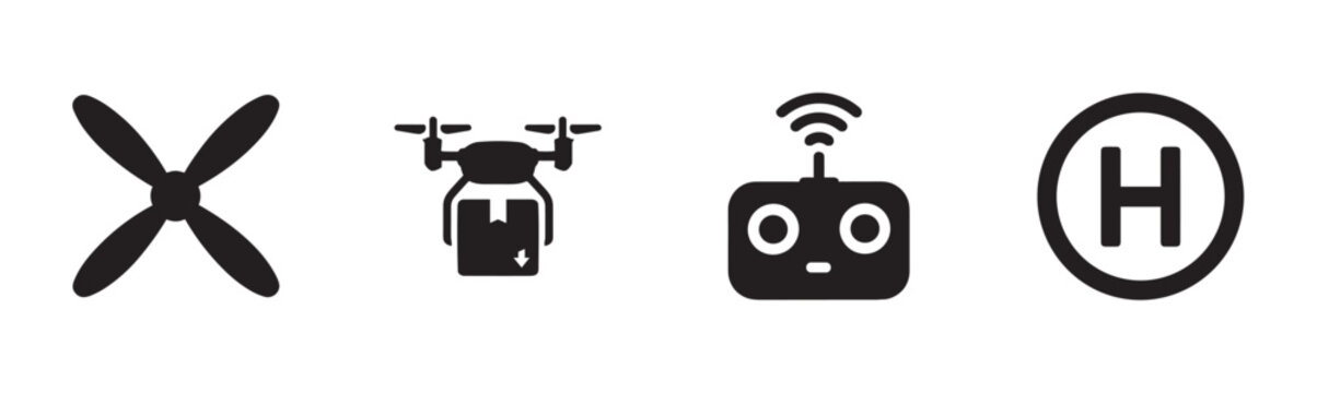 Four black drone delivery service related icons are neatly arranged, depicting a propeller, a package-carrying drone, a remote control, and a landing pad symbol, in a clean, modern, illustrative style
