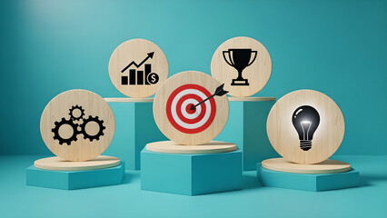 Business Strategy Success Goals Ideas Wooden Icons Teal Background Copy Space