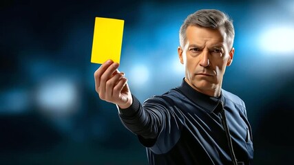 Referee raising yellow card, stern facial expression, surreal backlight, hands crisp, blurred background with copy space