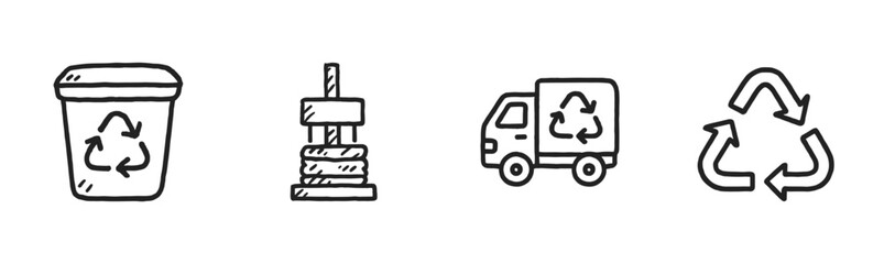 Fototapeta premium Four hand-drawn doodle style recycling icons are depicted, including a bin, a compactor, a truck, and the universal symbol, all rendered with a playful, eco-friendly aesthetic