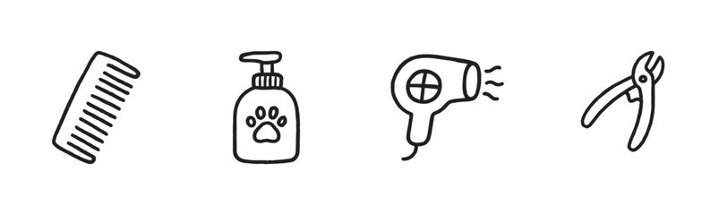 Four simple black outline pet grooming icons, including a comb, shampoo bottle with a paw print, hairdryer, and nail clippers, presented in a clean, illustrative doodle style