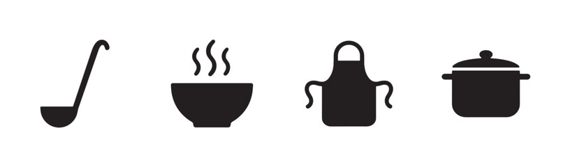 Obraz premium Four black silhouette cooking kitchen icons illustrate essential culinary tools and hot food preparation in a clean, graphic style