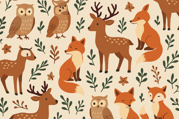 Naklejka premium Various woodland animals such as owls and foxes among plants on light background