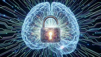 Unlocking the Mind: A luminous human brain, overlaid with a digital padlock, symbolizes the power of innovation, security, and the exploration of mental frontiers.