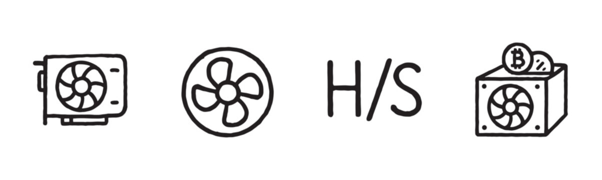 Four black and white line art icons depict cryptocurrency mining concepts, including a GPU, a fan, hash rate text, and a mining rig with Bitcoin symbols, rendered in a simple, bold outline style