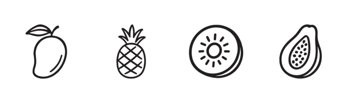 Four simple black outline tropical fruit icons, including a mango, pineapple, kiwi slice, and papaya half, presented in a clean, minimalist hand-drawn style