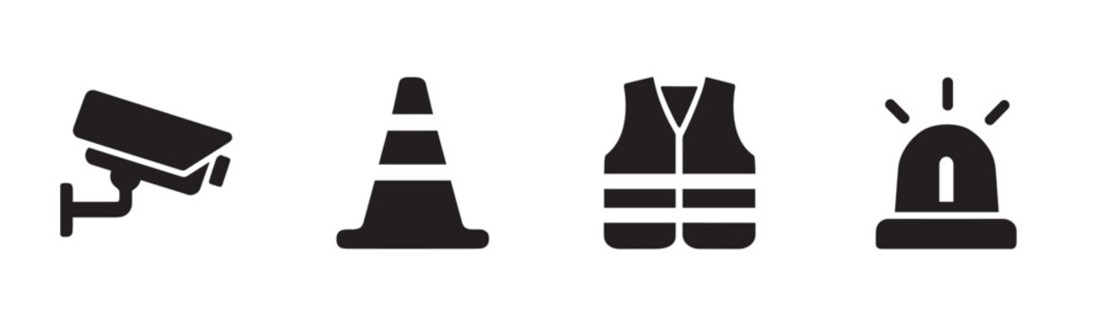 Four black silhouette safety and security icons including a CCTV camera, traffic cone, safety vest, and flashing siren light, presented in a clean, modern graphic style
