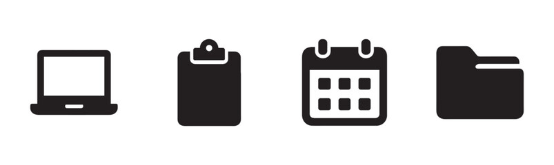 Four black vector icons representing essential business and office tools are clearly displayed in a clean, modern, and minimalist graphic style