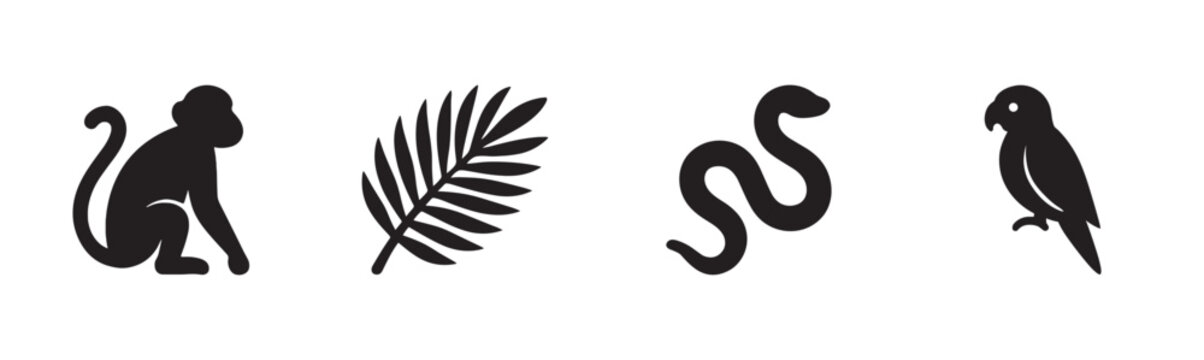 Four black minimalist jungle animal and plant icons are arranged horizontally, depicting a sitting monkey, a tropical palm leaf, a coiled snake, and a perched parrot in a clean graphic style