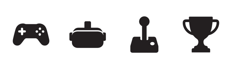 Obraz premium Four black silhouette icons representing modern and classic gaming equipment alongside a winner's trophy are neatly arranged in a horizontal line