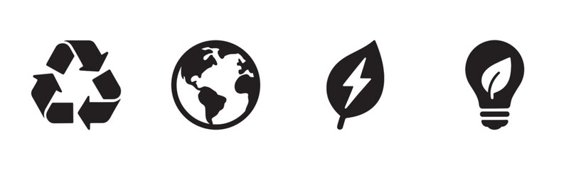 Four black environmental sustainability icons are displayed horizontally, featuring symbols for recycling, planet Earth, green energy, and eco-friendly lighting in a clean, graphic style