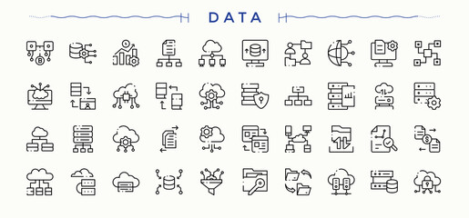 Data icon collection. Vector outline icons collection. Editable vector stroke. Data Analysis icon set. Containing server, data analysis, technology, info, analysis, data server and more.