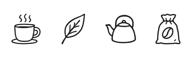 Fototapeta premium Four simple hand drawn beverage icons illustrate coffee and tea concepts with a steaming mug, a fresh leaf, a classic teapot, and a coffee bean sack