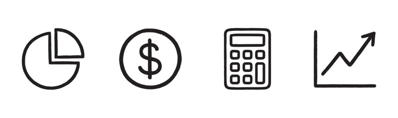 Obraz premium Four hand-drawn financial business icons, depicting a pie chart, dollar sign, calculator, and an upward trending graph, are presented in a simple, illustrative, and modern style