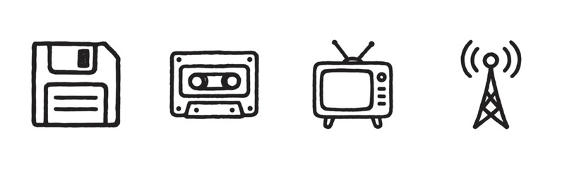 Obraz premium Four hand-drawn retro technology icons depict a floppy disk, cassette tape, television, and communication tower, rendered in a charming doodle style