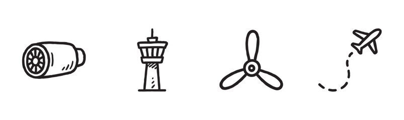 Four hand-drawn aviation icons depict a jet engine, control tower, propeller, and flying airplane with a dotted path, rendered in a simple, playful doodle style