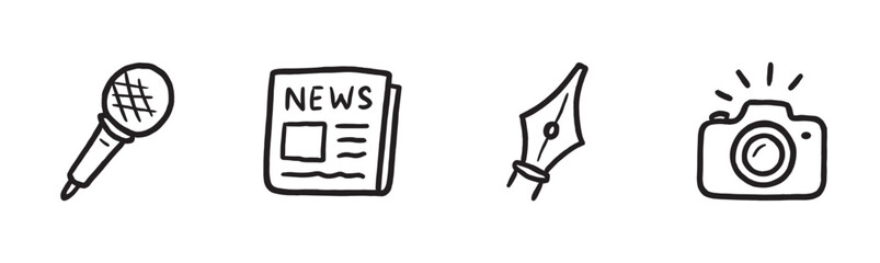 Four hand-drawn black outline media icons including a microphone, newspaper, fountain pen nib, and camera, depicted in a simple, expressive doodle style representing communication and journalism