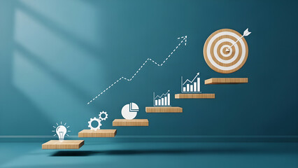 Business Growth Strategy Steps Wooden Platforms Teal Background Copy Space