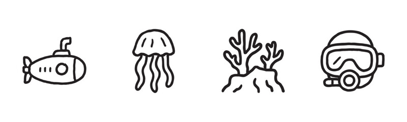 Four simple hand-drawn icons depict various underwater elements, including a submarine, a jellyfish, coral, and a diving mask, rendered in a clean black and white line art style